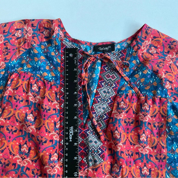 Tolani 100% Silk Top XS Multicolor Popover Peasant Tunic Tie Front Boho Flowy - Picture 7 of 9